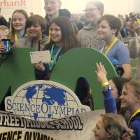 Participants taking pictures with the 40th Science Olympiad Sign